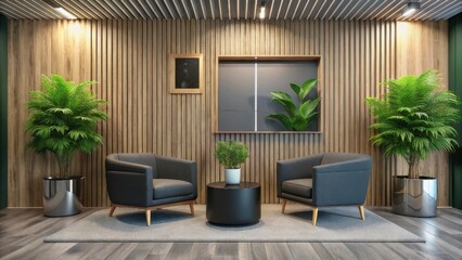 Modern reception lounge with comfortable chairs and green plants.