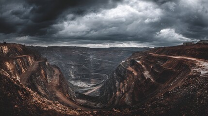 Naklejka premium Enormous open pit excavation site descends dramatically beneath a turbulent sky