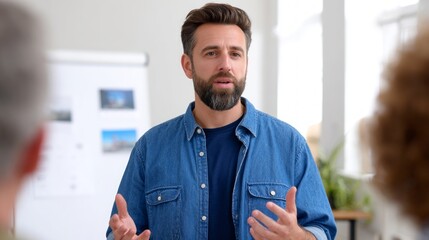 Man in blue jeans giving presentation in office.
