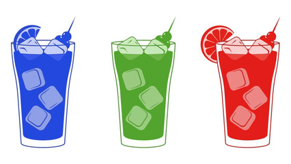 Three refreshing colorful cocktails served with ice and citrus garnishes, perfect for summer celebrations