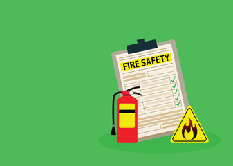 Fire fighting checklist. Extinguisher and paper tablet with checkmarks. Document at clipboard. Firefighting safety. Flame prevention checklist page. Extinguishing guidance

