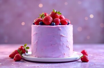 Close-up of berry cake on a stand with fresh strawberry raspberry and blueberry pieces on a purple background