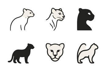 Naklejka premium Jaguarundi Logo Variations. Rainforest animals. Icon set. Set Logo of jaguarundi. harmonious logo variations of the same emblematic concept (Minimal outline,