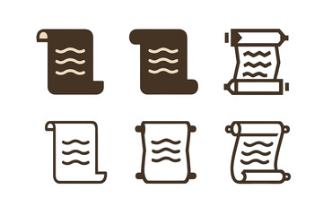 Storytelling Logo Designs. Cultural storytelling nights. Icon set. Set Logo of storytelling nights: scroll with narrative lines. harmonious logo variations of