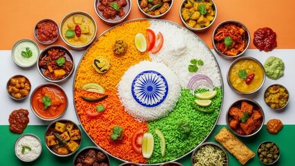 Indian flag made of rice and curry dishes for independence day celebration