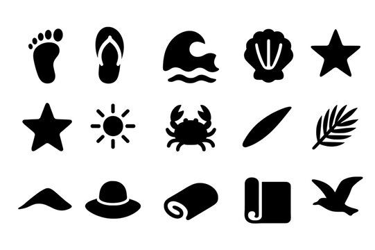 Beach Icons Set. Footprints in sand. Solid icon set of footprints in sand: foot, flip-flop, wave, shell, starfish, sun, crab, palm leaf, sand dune, hat, towel,