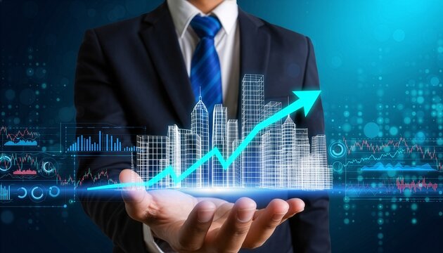Businessman with digital real estate skyline, upward financial chart, market trend graph, urban building hologram, investment dashboard, corporate growth visualization, economic analysis display.