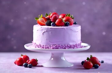 Close-up of berry cake on a stand with fresh raspberries and blueberry pieces on a purple background