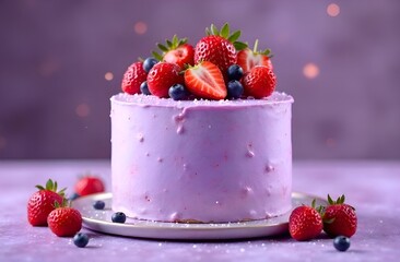 Close-up of berry cake on a stand with fresh strawberry and blueberry pieces on a purple background