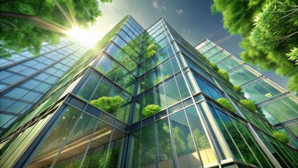 Modern green glass building with lush trees under bright sun light