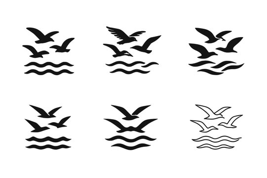 Seagull Logo Variations. Seagulls flying. Icon set. Set Logo of seagulls flying: Group of gulls above waves. harmonious logo variations of the same emblematic