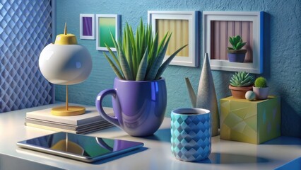 Contemporary home office desk with tablet, lamp, and green plants