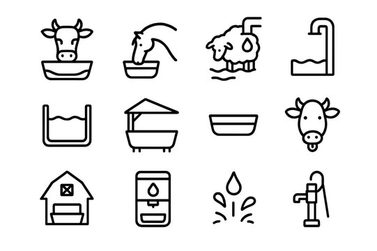 Farm Animal Hydration Icons. Farm animal hydration. Line icon set of farm animal hydration: cow at trough, horse drinking, sheep near water, refill pipe, water