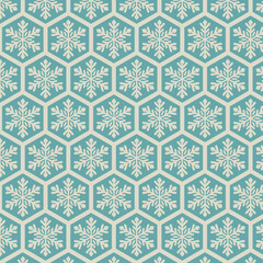 Seamless geometric pattern with snowflakes inside repeating hexagon shapes. Modern winter design ideal for wrapping paper, textiles, wallpapers and seasonal decor.