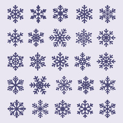 Collection of purple winter snowflakes in a clean minimal style. Decorative vector set perfect for Christmas designs, cards, stickers, crafts and seasonal illustrations.