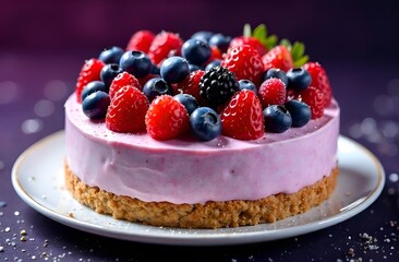 Close-up of dessert cake on table with fresh strawberry blueberry and blackberry slices on purple background