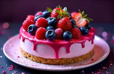 Appetizing dessert cake close-up on table with fresh pieces of strawberries, raspberries and blueberries on purple background