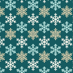 Seamless winter pattern with white and gold snowflakes on a dark teal background. Minimal festive design perfect for Christmas textiles, wrapping paper and holiday decor.