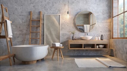 Modern concrete bathroom with elegant freestanding tub and wood.