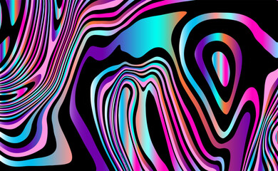 Hypnotic psychedelic vector background with thick black outlines separating flowing neon waves in electric pink, purple, cyan gradients. Melting liquid swirl abstraction. Rave visuals, acid graphics.