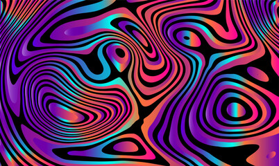 Hypnotic psychedelic vector background with thick black outlines separating flowing neon waves in electric pink, purple, cyan gradients. Melting liquid swirl abstraction. Rave visuals, acid graphics.