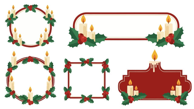 Festive Christmas Frames and Borders with Holly Berries and Candles for Holiday Design