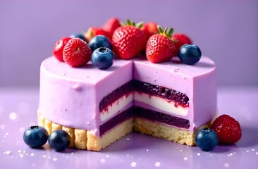 Close-up of biscuit berry cake in section on table with fresh pieces of strawberry and blueberry on purple background