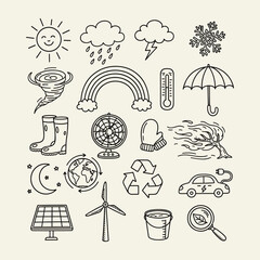 Fototapeta premium Weather and Climate Doodle Icon Set. Hand-drawn symbols of seasons, environment, renewable energy and ecological elements