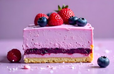 A piece of sponge berry cake close-up on a table with fresh strawberry and blueberry pieces on a purple background