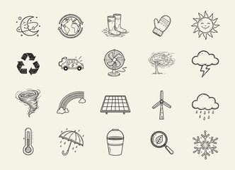 Fototapeta premium Weather and Climate Doodle Icon Set. Hand-drawn symbols of seasons, environment, renewable energy and ecological elements