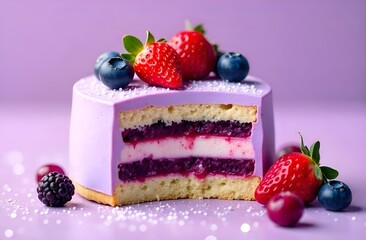 Close-up of biscuit berry cake in section on table with fresh pieces of strawberry and blueberry on purple background
