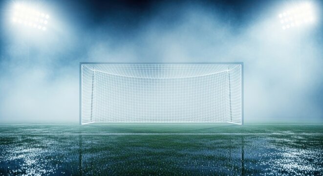 Empty soccer goal under dramatic stadium lights