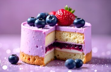 Festive sponge berry cake in section close-up on a table with fresh pieces of strawberries and blueberries on a purple background