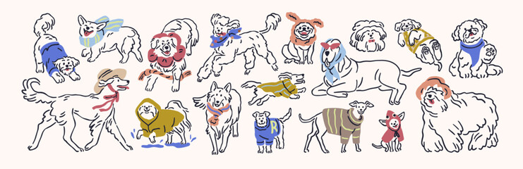 Fototapeta na wymiar Cute dog breeds wearing canine animal clothes, doodle sketches set. Puppies, doggies dressed in sweaters, hoodies, sketchy outline drawings. Isolated hand-drawn contoured vector illustrations.