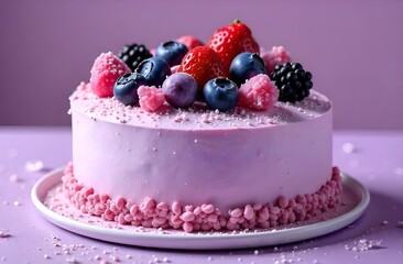 Close-up of berry cake on a stand with fresh raspberries and blueberry pieces on a purple background