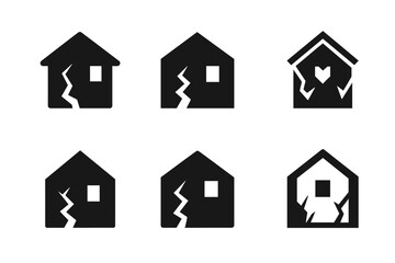 Fototapeta premium Abandoned House Logos. Dilapidated house with no sign of life. Icon set. Set Logo of abandoned home: cracked walls and no light. harmonious logo variations of