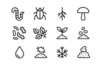 Naklejka premium Soil Ecology Icons. Soil Ecology. Line icon set of Soil Ecology: worm, beetle, root, fungus, bacteria, leaf litter, seedling, soil grain, droplet, decomposer,