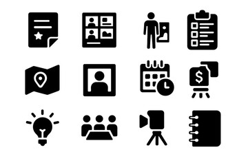 Pre-Production Icon Set. Pre-production. Solid icon set of pre-production: script, storyboard, location scout, casting call, production schedule, budget sheet,