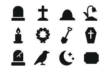 Grave Icon Set. Grave. Solid icon set of Grave: headstone, cross marker, tomb mound, wilted flower, candle flame, wreath, shovel, coffin, gravestone cracks,