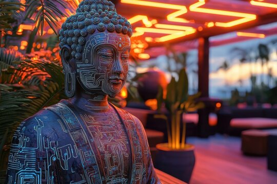 Cyberpunk Buddha Statue in a Tropical Setting at Sunset