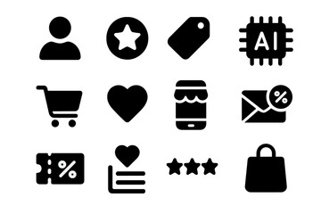 Personalized E-commerce Icons. Personalized e-commerce. Solid icon set of Personalized e-commerce: user profile, recommendation star, product tag, AI chip,