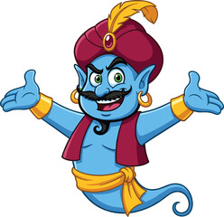 Smiling blue genie character mascot in a maroon turban and vest with arms wide open offering wishes, fun cartoon vector illustration of a magical spirit.