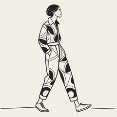 Stylish woman in geometric pattern jumpsuit walking confidently