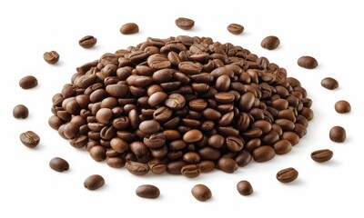 Fototapeta premium Roasted coffee beans clustered in a mound, surrounded by scattered beans on white background