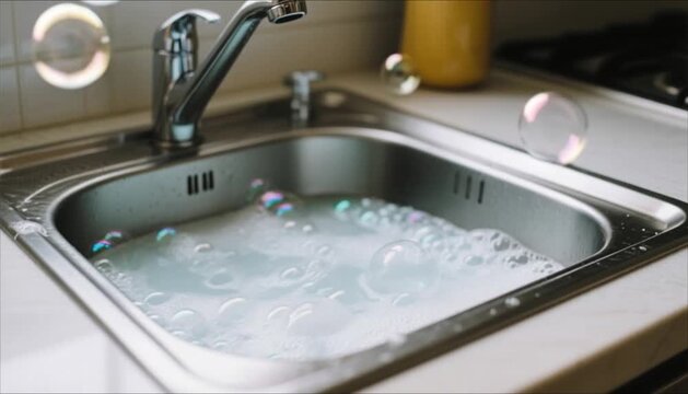 Kitchen sink full of soap bubbles with bubbles floating above  