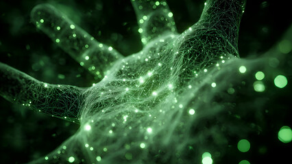 Glowing Green Network: Abstract Plexus Structure with Bokeh Lights