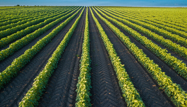 Aerial view of lush green rows in a vast agricultural field under a clear blue sky. Evokes growth, abundance, and the concept of sustainable farming.