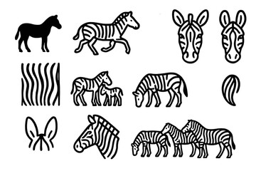 Obraz premium Zebra Silhouette Icon Set. Zebra Silhouette Set. Line icon set of Zebra Silhouette Set: zebra silhouette, standing zebra, running zebra, zebra head, zebra face