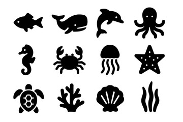 Obraz premium Underwater Icons Collection. Underwater Animals. Solid icon set of fish, whale, dolphin, octopus, seahorse, crab, jellyfish, starfish, turtle, coral, shell,