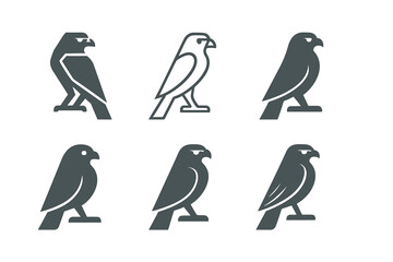 Naklejka premium Falcon Logo Variations. Falcons. Icon set. Set Logo of Falcons: Falcon in Flight. harmonious logo variations of the same emblematic concept (Minimal outline,